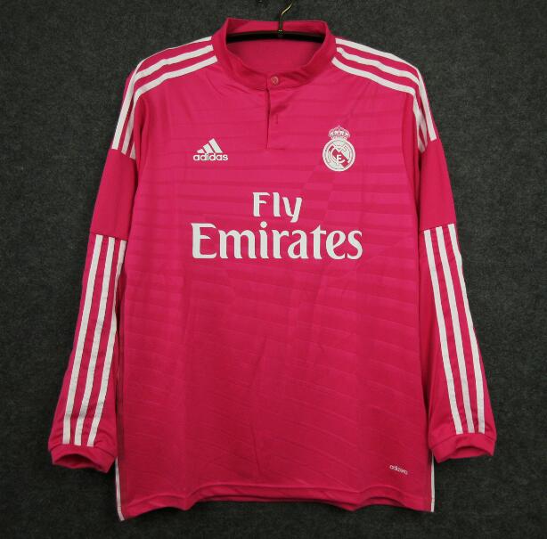 2014-15 Real Madrid Retro Long Sleeve Pink Away Kit Soccer Jersey